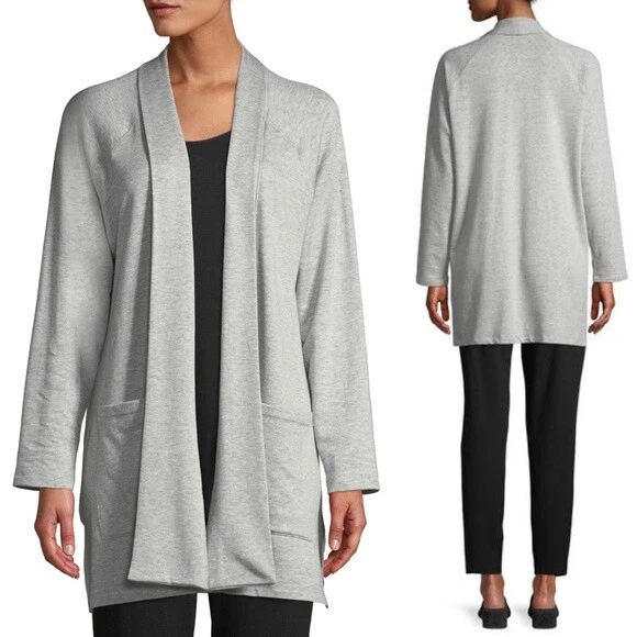 Eileen Fisher Tencel Organic Cotton Fleece Knit Long Open Cardigan Gray Size S