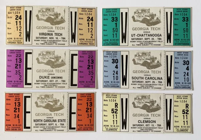 6 Original Vintage 1990 GEORGIA TECH Football Full Tickets Unused Clemson Duke