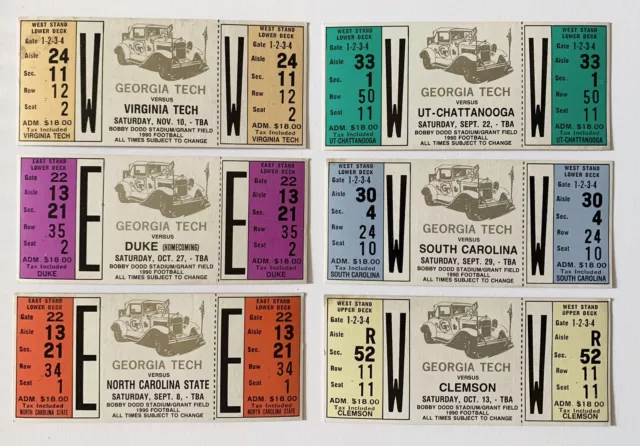 6 Original Vintage 1990 GEORGIA TECH Football Full Tickets Unused Clemson Duke