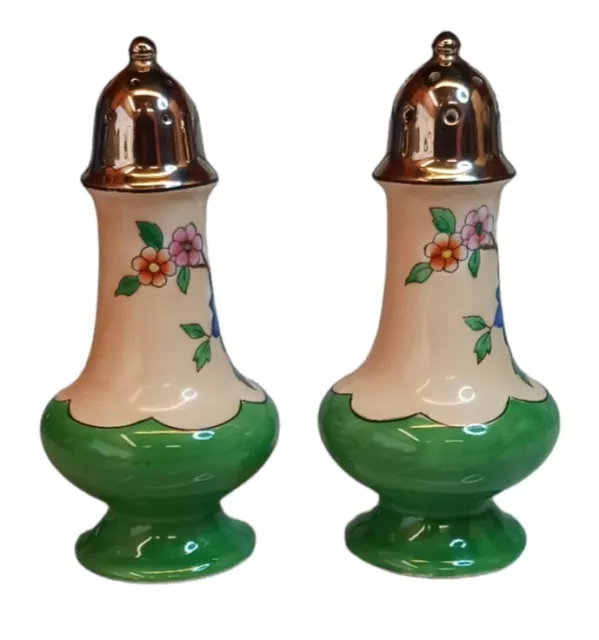 Beautiful Vintage Art Deco Green & Floral Porcelain Salt Pepper Shakers ~ Japan 3