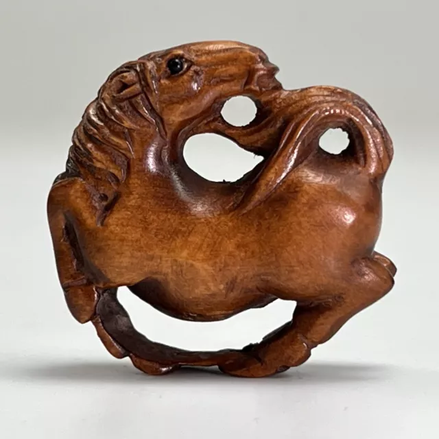 Japanese Netsuke Running Horse Hand Carved Boxwood 1” Bead Signed 石川 Ishikawa