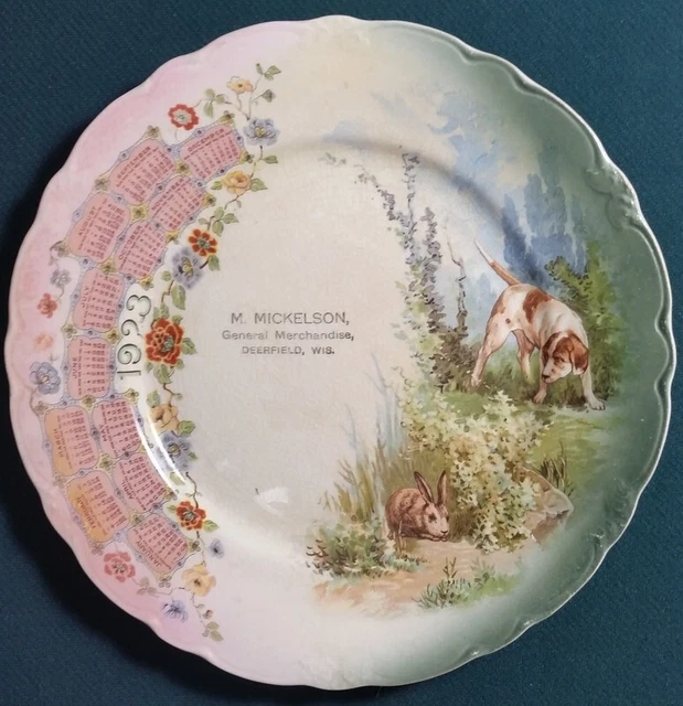 1923 M Mickelson General Merchandise Deerfield WI Hunting Dog Adv Calendar Plate