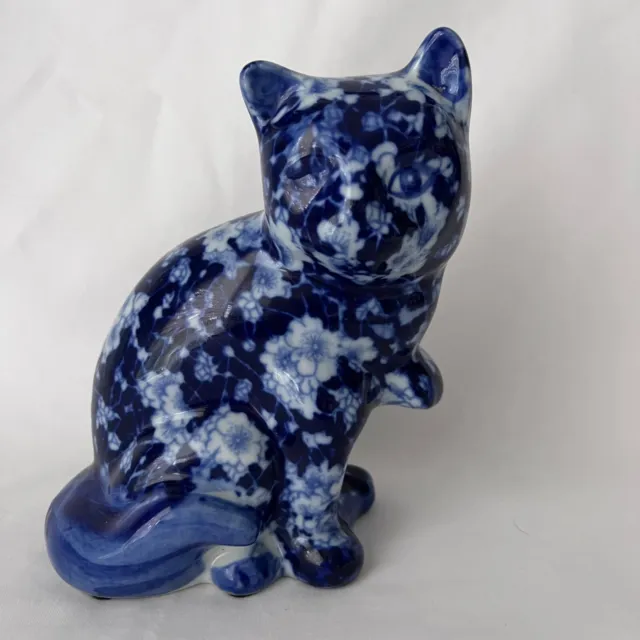 Blue White Cat Figurine 7" Vintage Ceramic Floral Chintz Chinoiserie