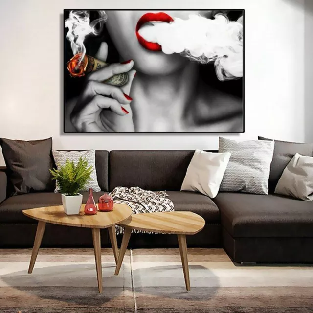 US Dollar Money Clouds Girl Sexy Lips Wall Art Canvas Painting Home Poster Decor