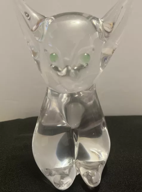 Clear Sweden made thick heavy paperweight cat with green eyes