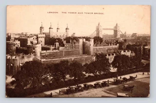 Antique Postcard London The Tower & Bridge Horses Carriage Old Cars c1910-1920