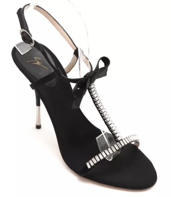 GIUSEPPE ZANOTTI Black Sandal Satin Leather Crystal T-Strap Bow Ankle Sz 37.5