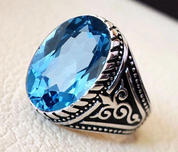 Bague unisexe pour homme en argent sterling massif 925 avec topaze bleue et...