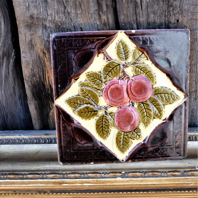 Antique 1900s Plums Majolica Art Nouveau Tile Relief Moulded Fruit Leaf Design