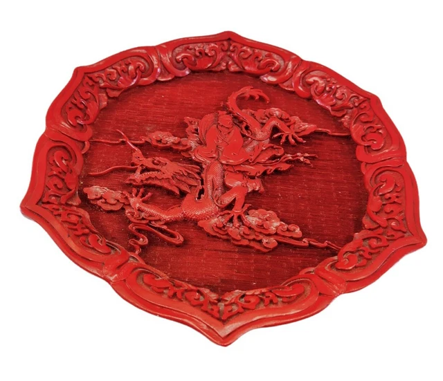 ANTIQUE VINTAGE CHINESE Red Cinnabar Lacquer Scalloped Luohan Dragon ...