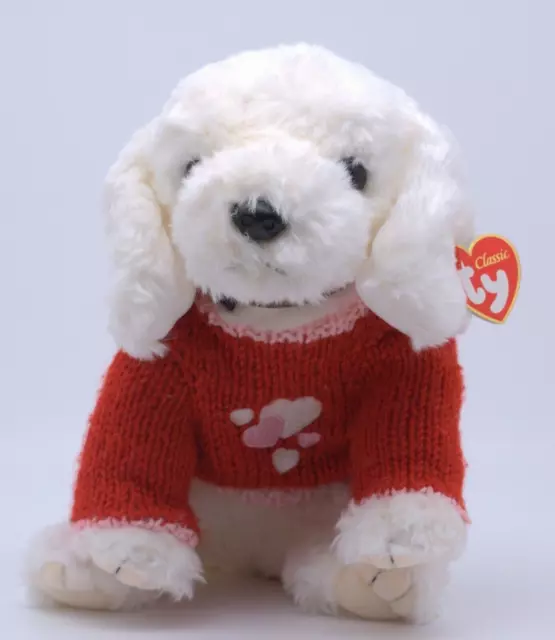 Ty Classic FLUFF White Puppy Dog Plush Knit Red Sweater Brown Collar 2002 w Tags