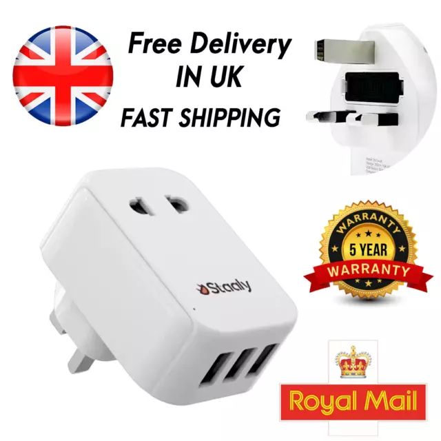shaver plug adapter US/EU to UK Plug Adapter, 3 USB ports, 10A Fused, 2 to 3 Pin