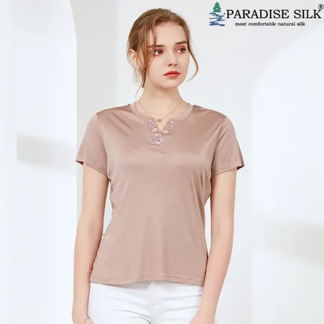 Natural Silk Women's T-shirt  V Neck with Embroidery Short Sleeve Solid Color