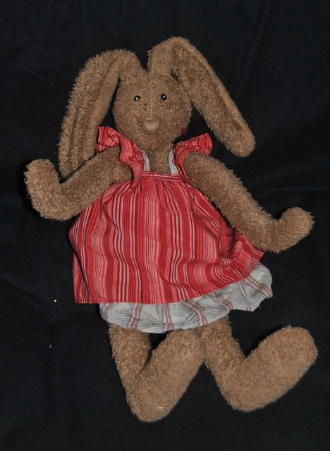 Doudou Peluche Lapin Brun Articulé MOULIN ROTY Robe Rouge Rayé 56/83 Cm TTBE