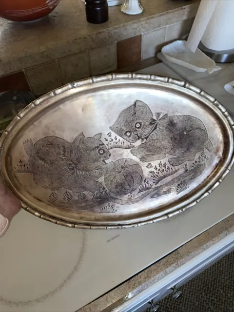 Antique Large Hand Engraved  Solid Brass Serving Tray 17" Kittens / Ball 2