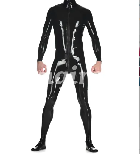 Latex Catsuit Men Handsome Black Tight Long Slevees Suit With Zipper Size S-XXL