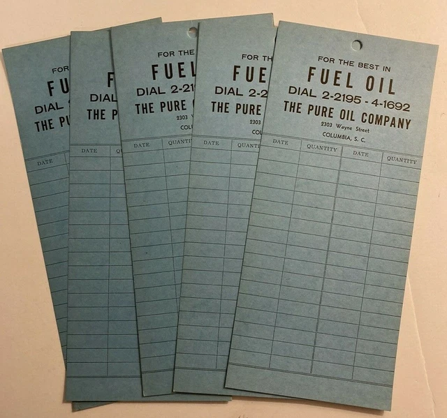 RARE 1950's PURE OIL COMPANY FUEL OIL TANK TAG RECORD COLUMBIA SOUTH CAROLINA