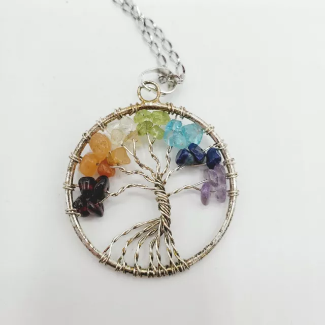 Tree of Life Pendant 7 Chakra Natural Gemstone Crystal Stones Healing Necklace
