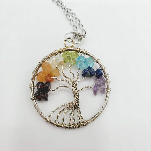 Tree of Life Pendant 7 Chakra Natural Gemstone Crystal Stones Healing Necklace