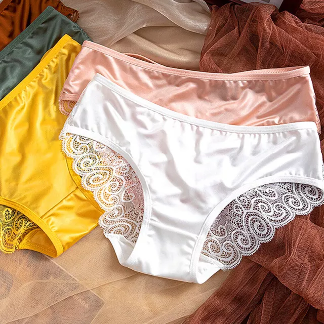 Shiny Satin Women Briefs Underwear Lace Seamless Sexy Ladies Panties Knickers