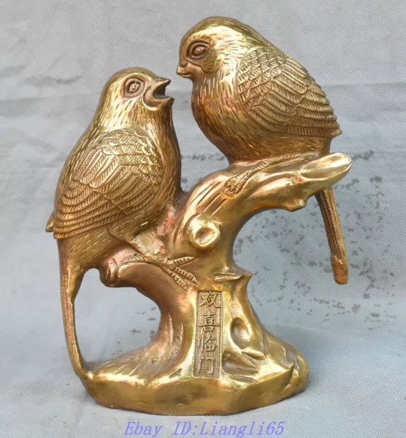 7.4'' Old China Dynasty Palace Bronze Double Bird Birds Happy Animal Statue w