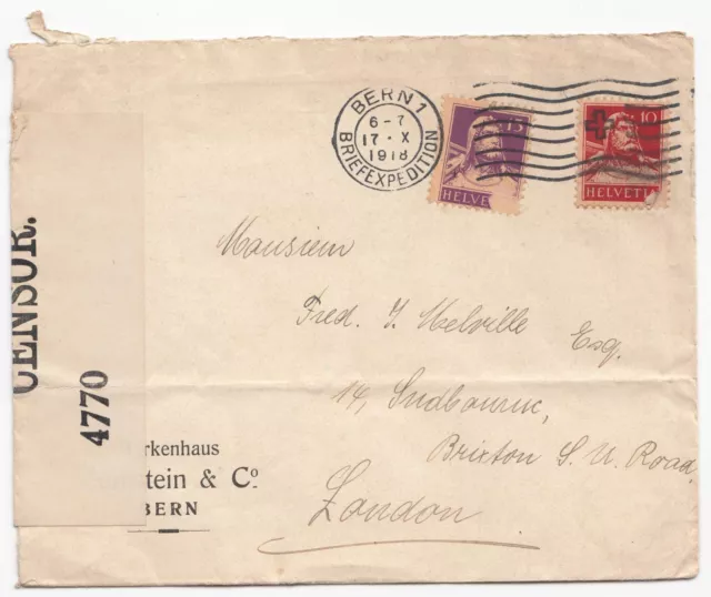 Switzerland; Bern Briefexpedition 1918 Commercial Cover to GB, Note Censor Tape