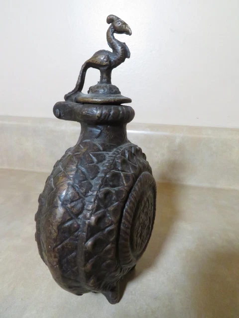 Old Vintage Chinese Bronze Incense Burner/ Ink Well Pot w Peacock on the Lid