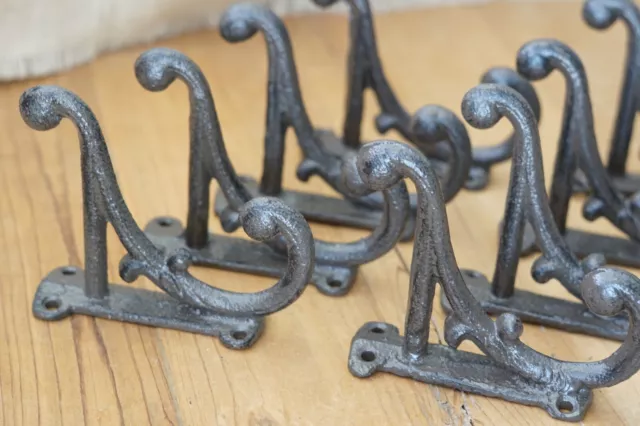 8 Brown Rustic Coat Hooks Antique Style Cast Iron 4.5" Wall Double Restoration ! 2