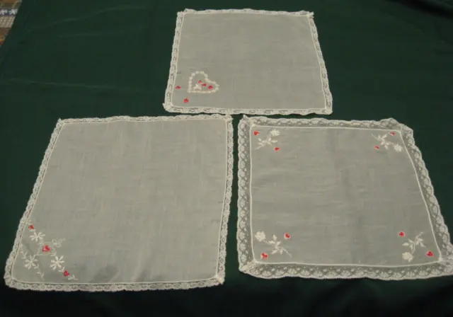 Vintage Valentines Day Hankies Red Hearts Lace 11' x 11" Lot of 3