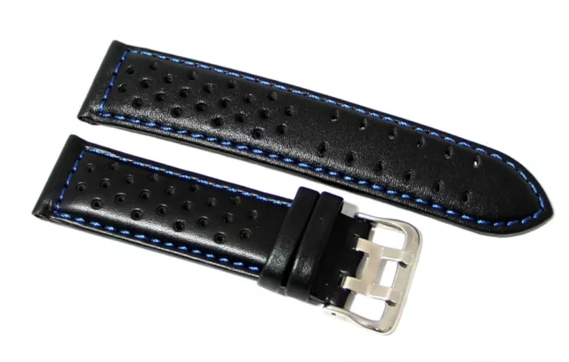 Cinturino per orologio vera pelle nero cuciture blu fori passanti 24mm 380