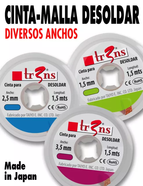 Cinta Malla desoldar 1,5-3,5 mm. Desoldering Wick. De cobre, saturada con Flux.