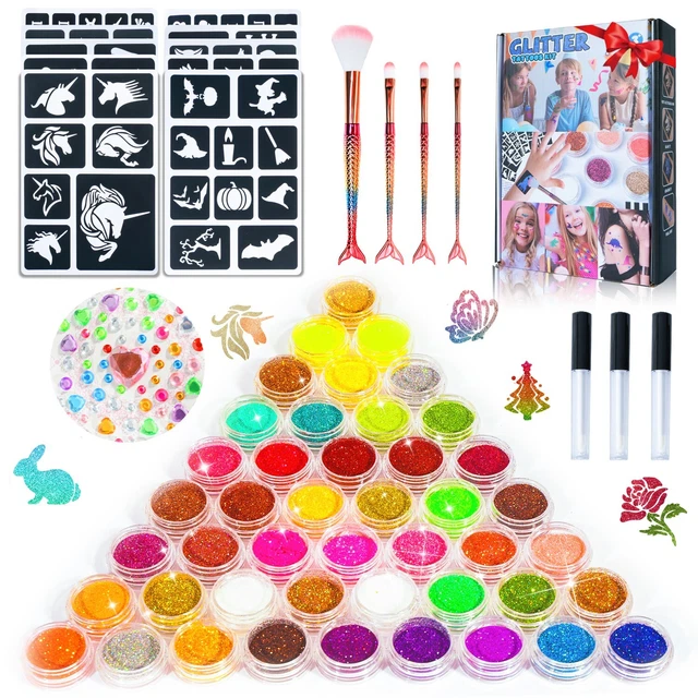 Glitzer Tattoo Set Für Kinder - 56 Farben Mit Schablonen & Strasssteinen
