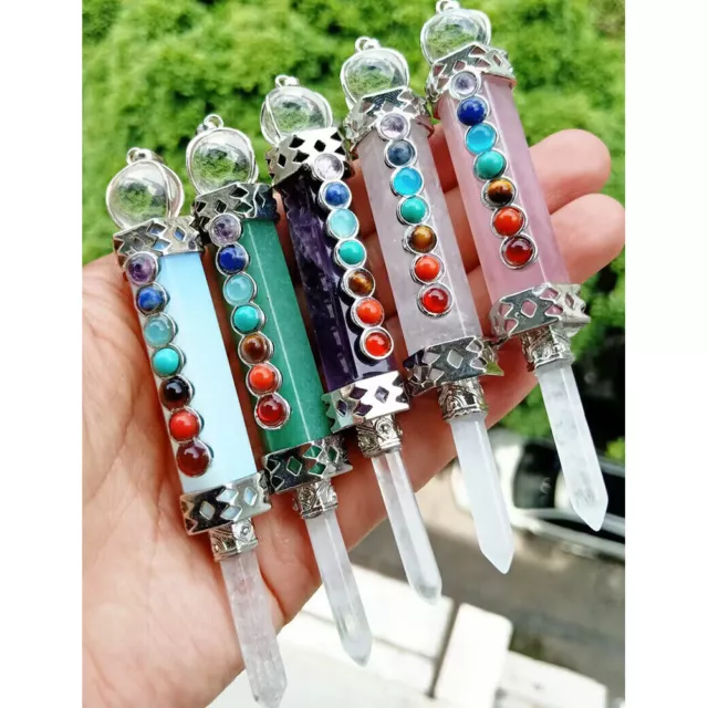 Natural Crystal Hexagon Healing Chakra Point Stone Pendulum Pendant Reiki Amulet