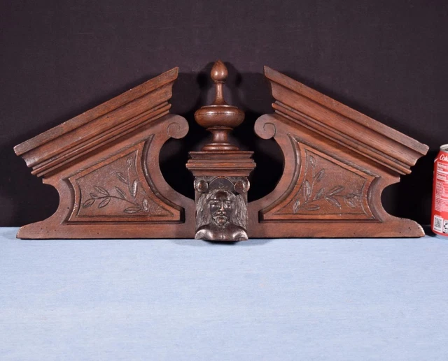 *21 French Antique Crest/Pediment/Crown in Solid Oak and Walnut Wood with Face