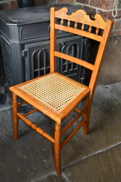 Antique Arts Crafts Cottage Kitchen Dining Cane Wicker Weave Carved Signed Chair