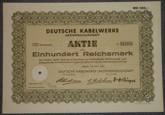 Deutsche Kabelwerke Aktiengesellschaft 1932 100 RM