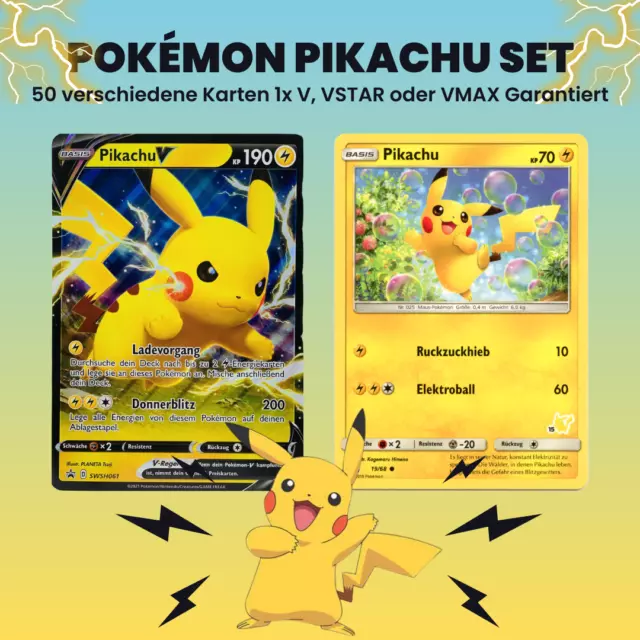 50 Pokemon Karten 1 PIKACHU GARANTIERT 4 Holos + SELTENE V/VSTAR/VMAX Geschenk