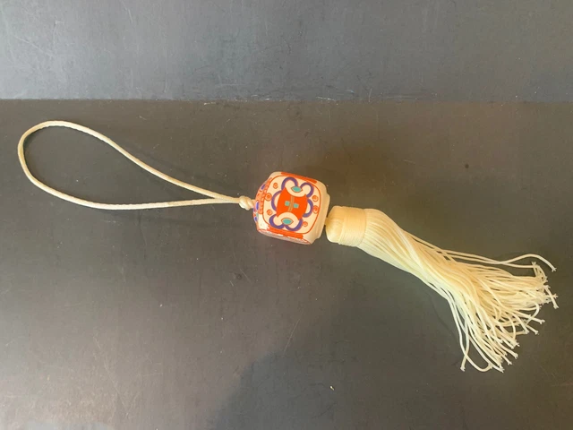 Vtg Tassel Curtain Tie Back Rope Cream w/Ceramic Cube Oriental Design