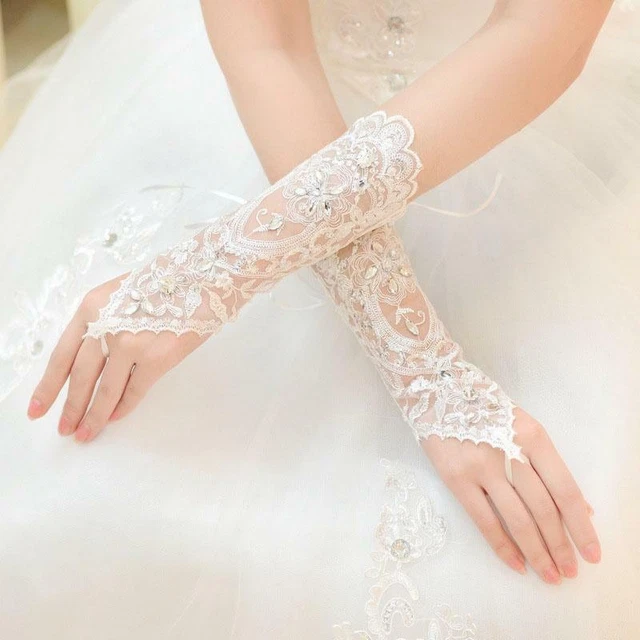 Guantes Cortos Con Diamantes Con Encaje Para Novia De Boda En Blanco O Marfil