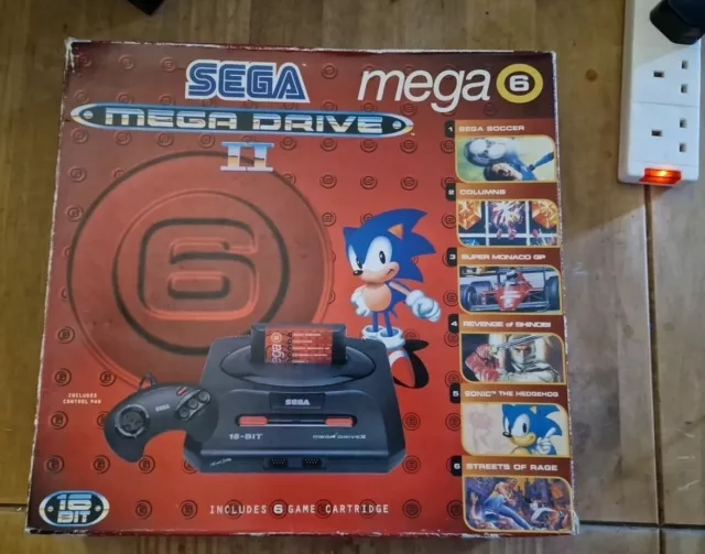 In perfette condizioni!!! Mega Drive II 2 controller in scatola cavi TV alimentatore 6 giochi testati