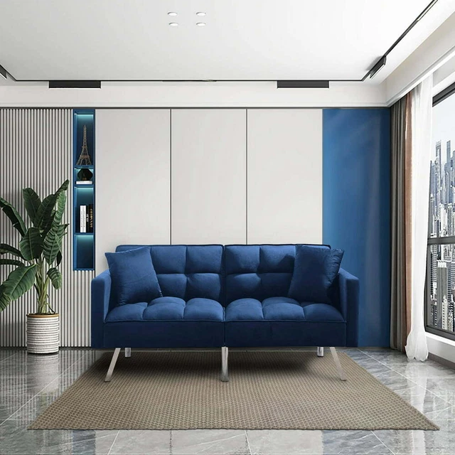 Blue Velvet Sofa Bed Living Room Couch Modern Daybed Sleeper Lounge Furniture