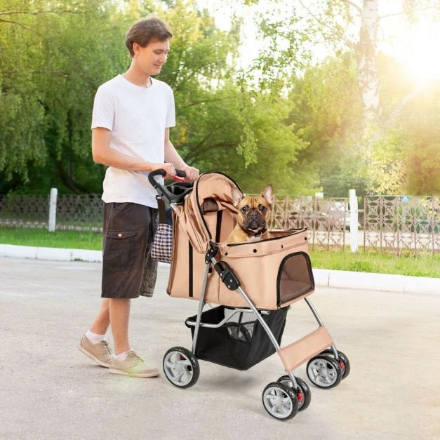 Cochecito plegable para mascotas de 4 ruedas con cesta de almacenamiento y dosel ajustable