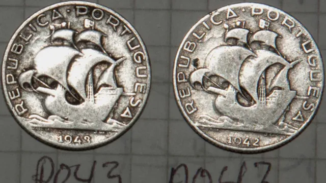 Portugal 1942/1943 2.5Escudo 2 1/2Half Fine+ Sailing Ship Galleon 2 Silver Coins
