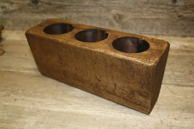 3 Hole Wooden Sugar Mold Wood Candle Holder Primitive