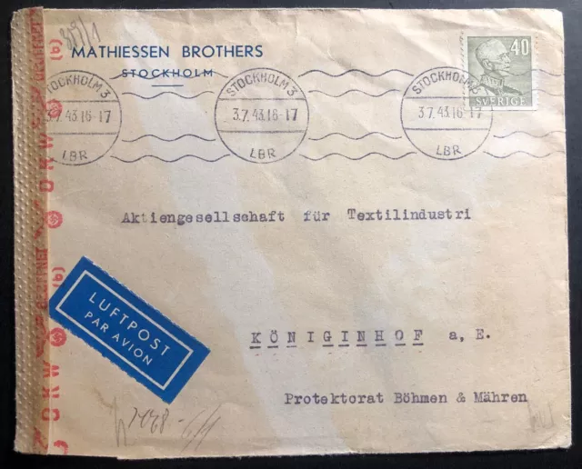 1943 Stockholm Sweden Chemical Censorship Cover To Koniginhof Bohemia Germany 2