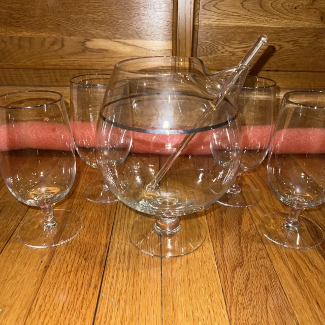 5pc Vintage MCM Clear Silver Band Glass Martini Pitcher w Silver Rimmed Glasses