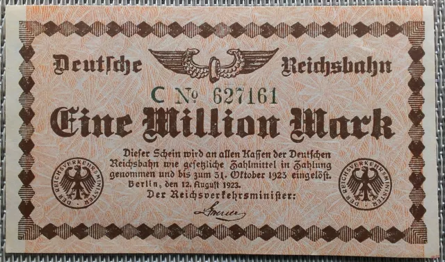 1 Million Mark Reichsbahn Berlin Geldschein Deutschland 1923, XF- AU °