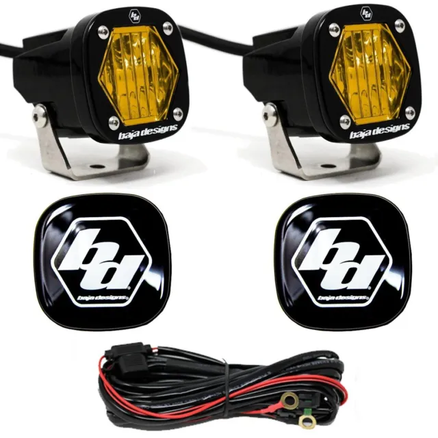 Baja Designs® S1 LED Lights Pair Amber Wide Cornering, Rock Guards, Wire Harness
