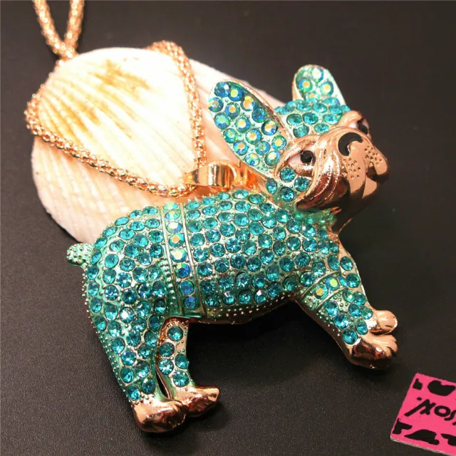 New Blue Rhinestone Bling Cute Pug Dog Crystal Pendant Betsey Johnson Necklace
