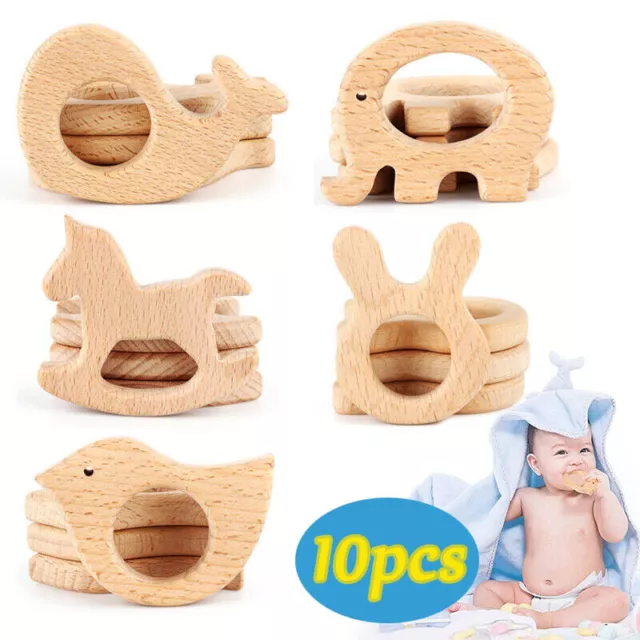 10× Natural Baby Wooden Teething Rings Wood Animal Shape Safety Molar Stick Toy